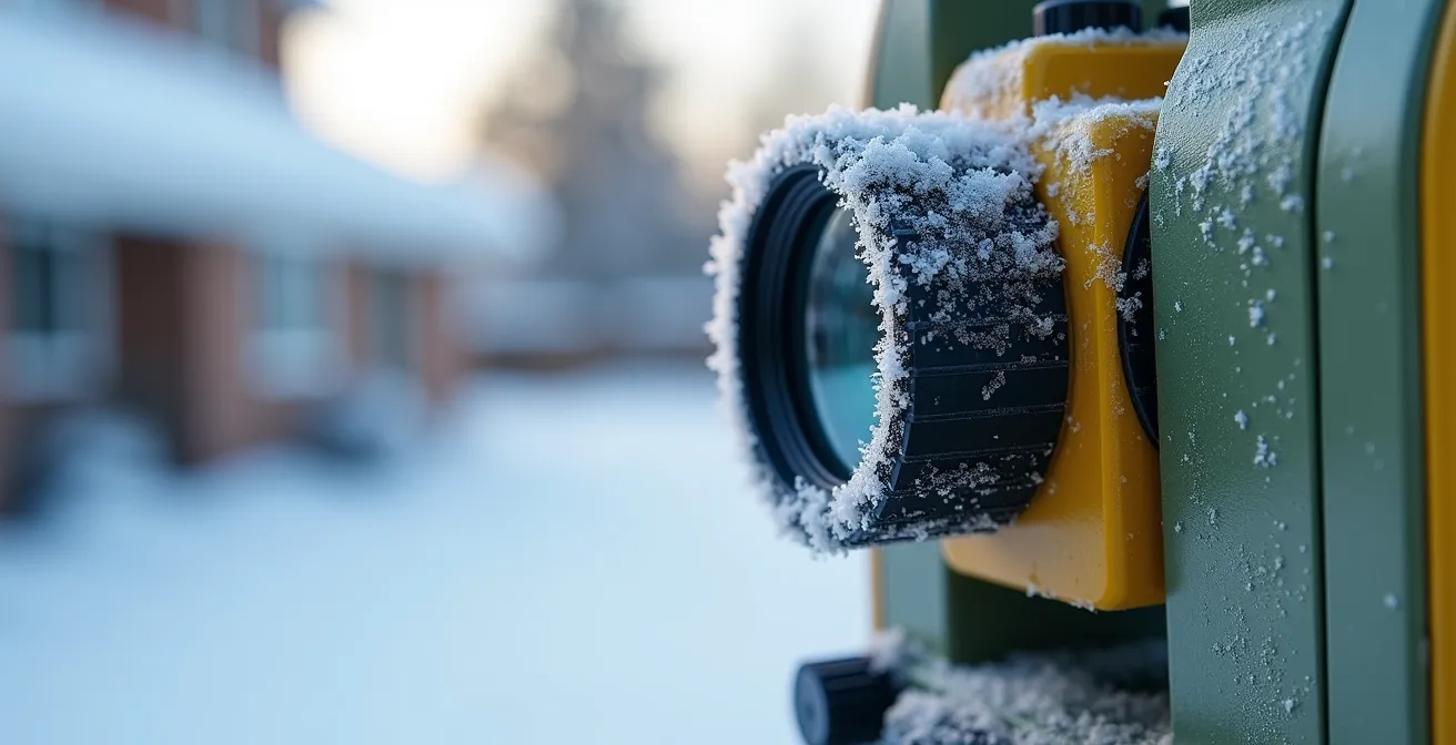 Arpenteur travaillant en hiver sur terrain enneigé avec équipement de mesure