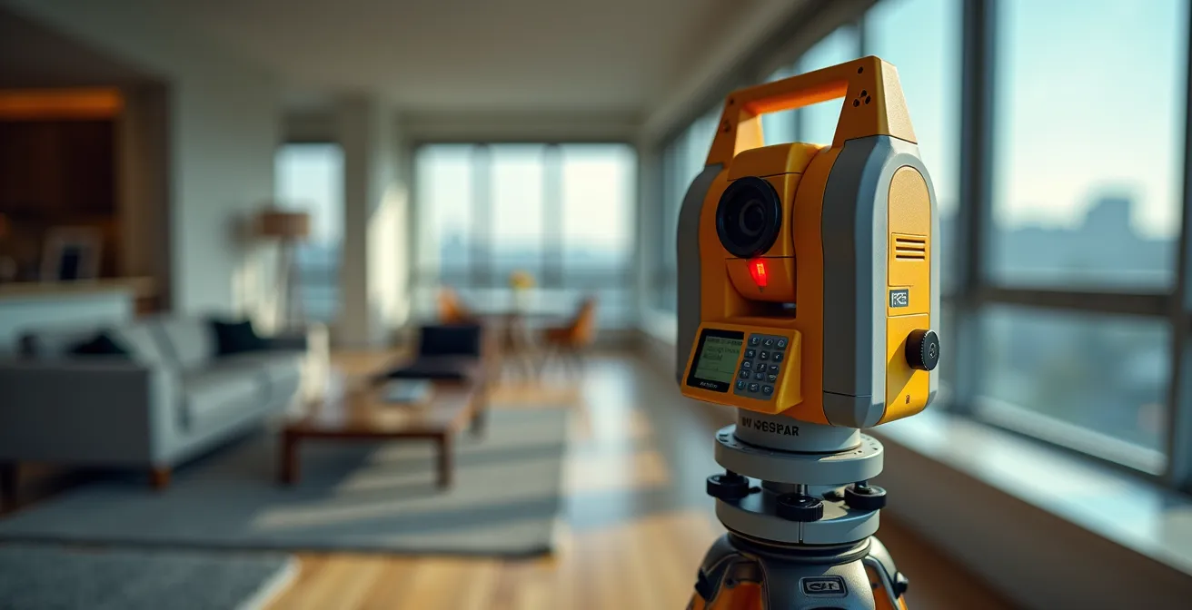 Arpenteur-géomètre mesurant la superficie d'un condo avec équipement laser