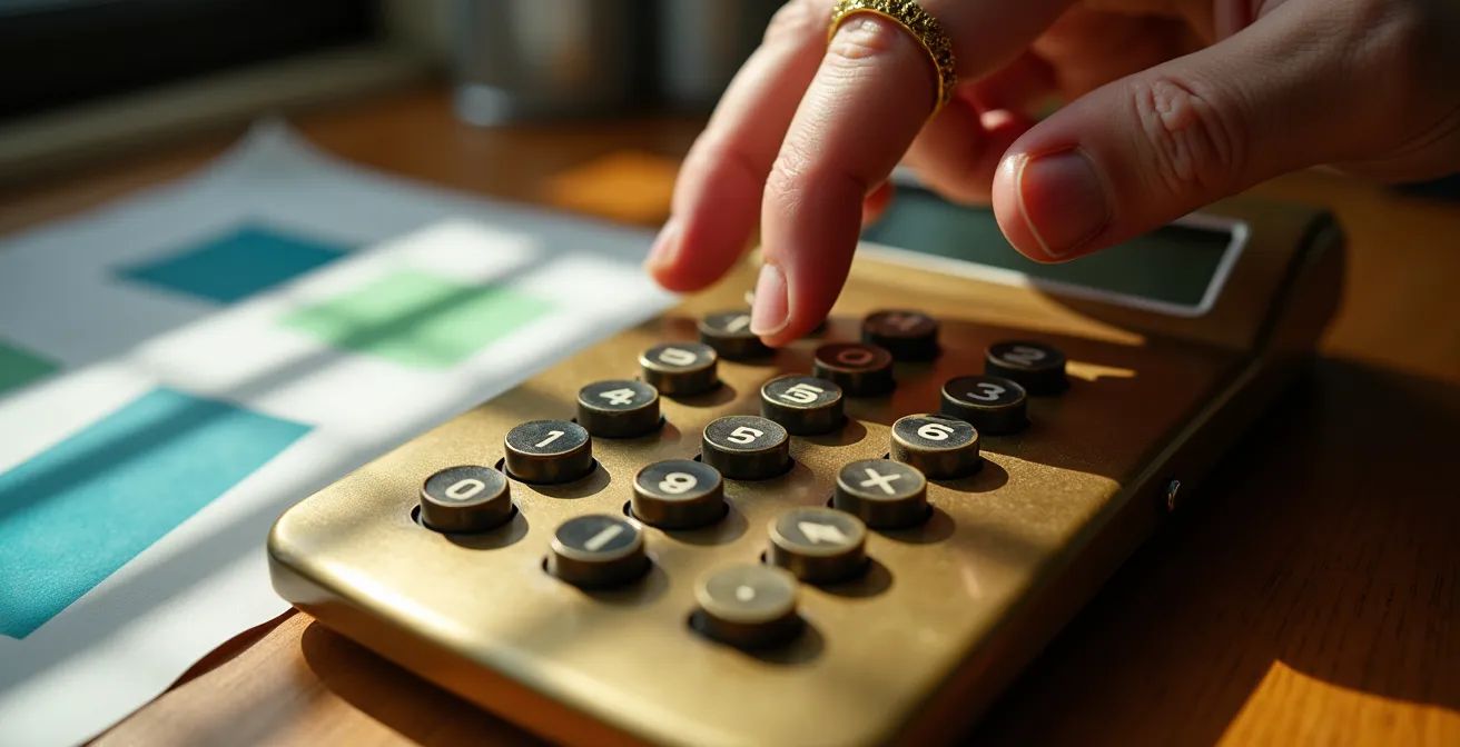 Calculatrice et documents fiscaux sur bureau en bois avec lumière naturelle