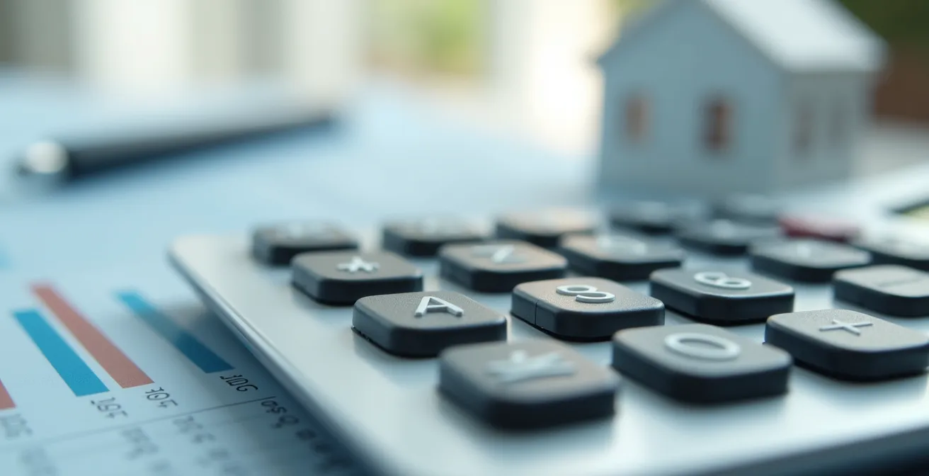 Calculatrice et graphiques financiers sur bureau avec modèle de maison