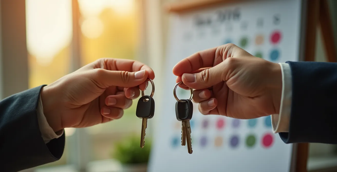 Calendrier mural avec plusieurs dates encerclées et mains échangeant des clés de maison
