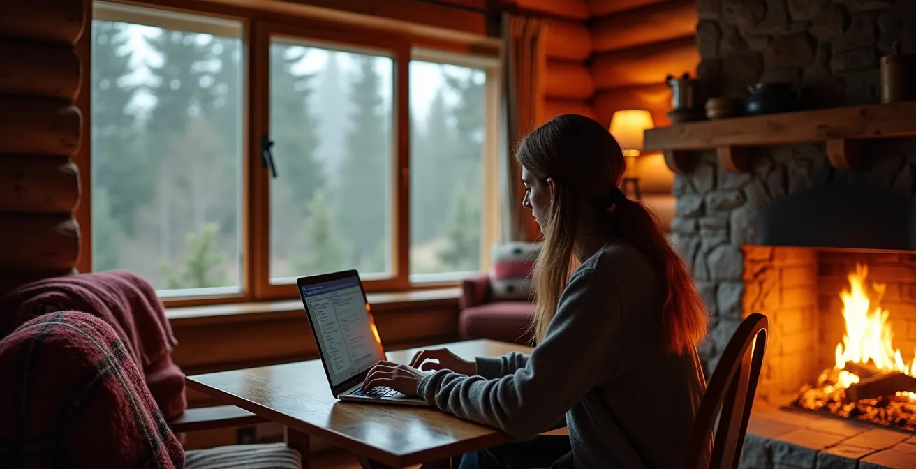 Intérieur chaleureux d'un chalet québécois avec espace de travail près d'une fenêtre et foyer allumé