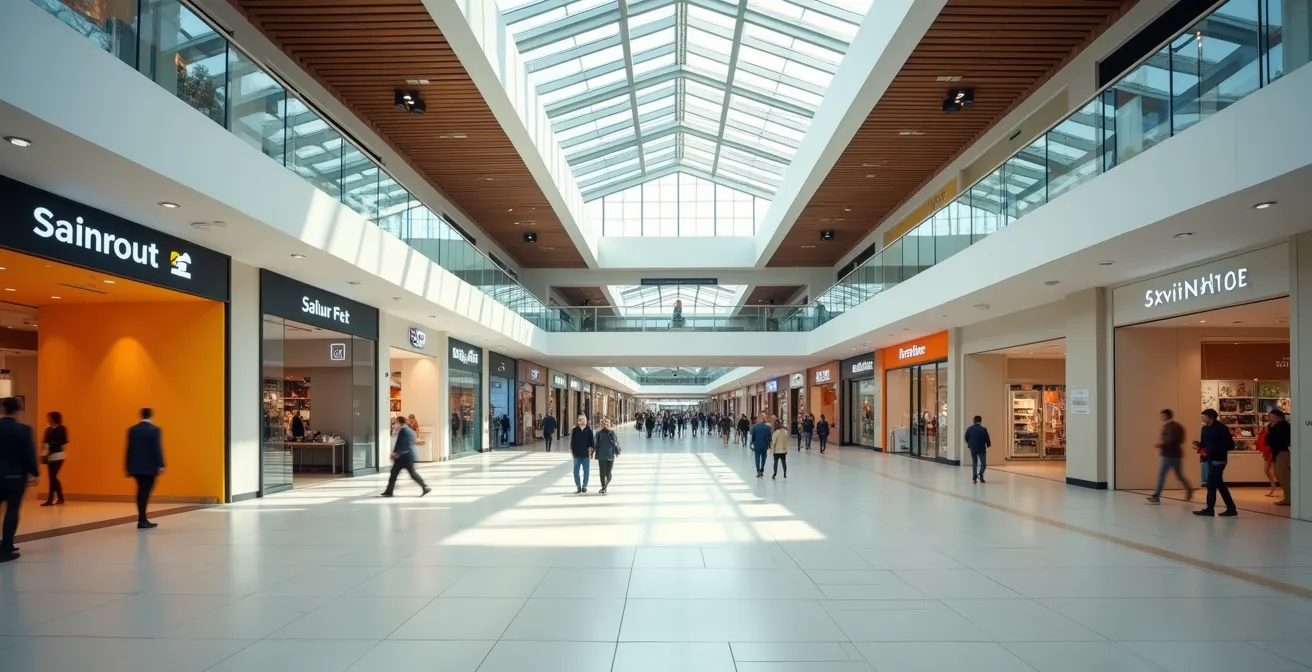 Vue aérienne d'un centre commercial québécois montrant la disposition stratégique des commerces