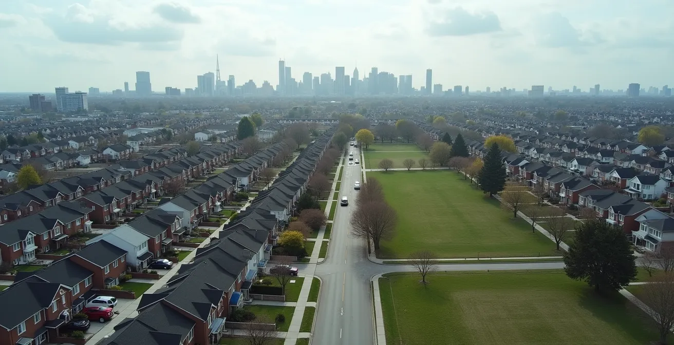 Vue aérienne minimaliste contrastant la densité urbaine et suburbaine de Montréal