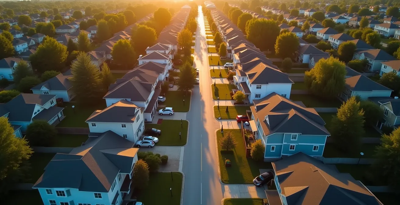 Vue aérienne d'un quartier résidentiel québécois montrant la diversité des propriétés