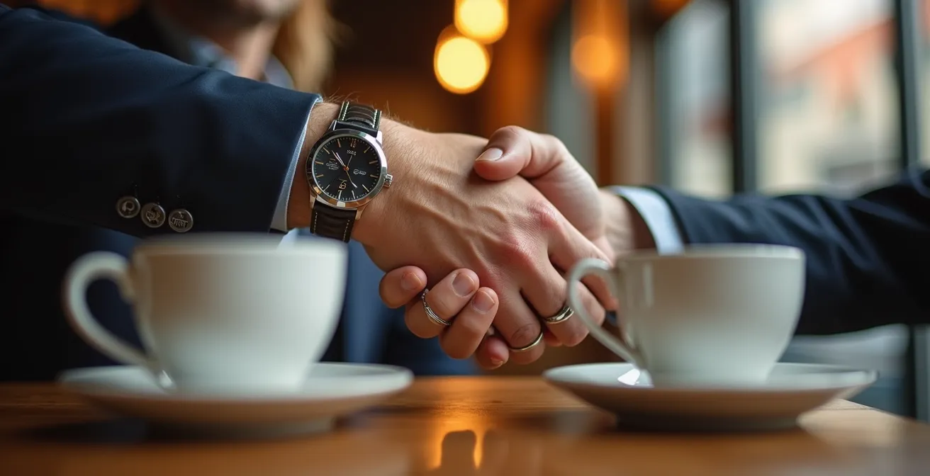 Courtier immobilier discutant avec des résidents locaux dans un café de quartier montréalais