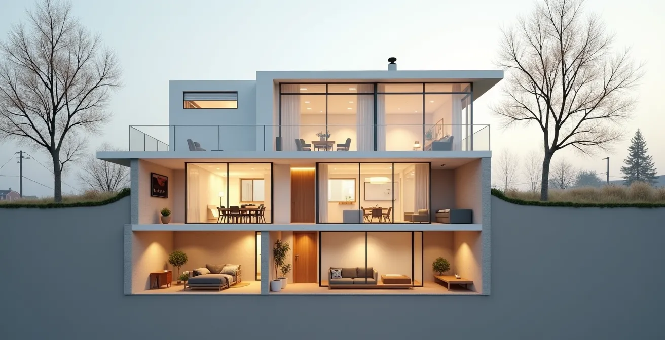 Coupe architecturale montrant la différence entre espace hors-sol et sous-sol