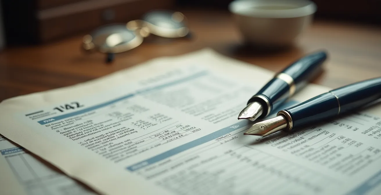 Documents de donation immobilière et calculatrice sur bureau avec plan de propriété en arrière-plan