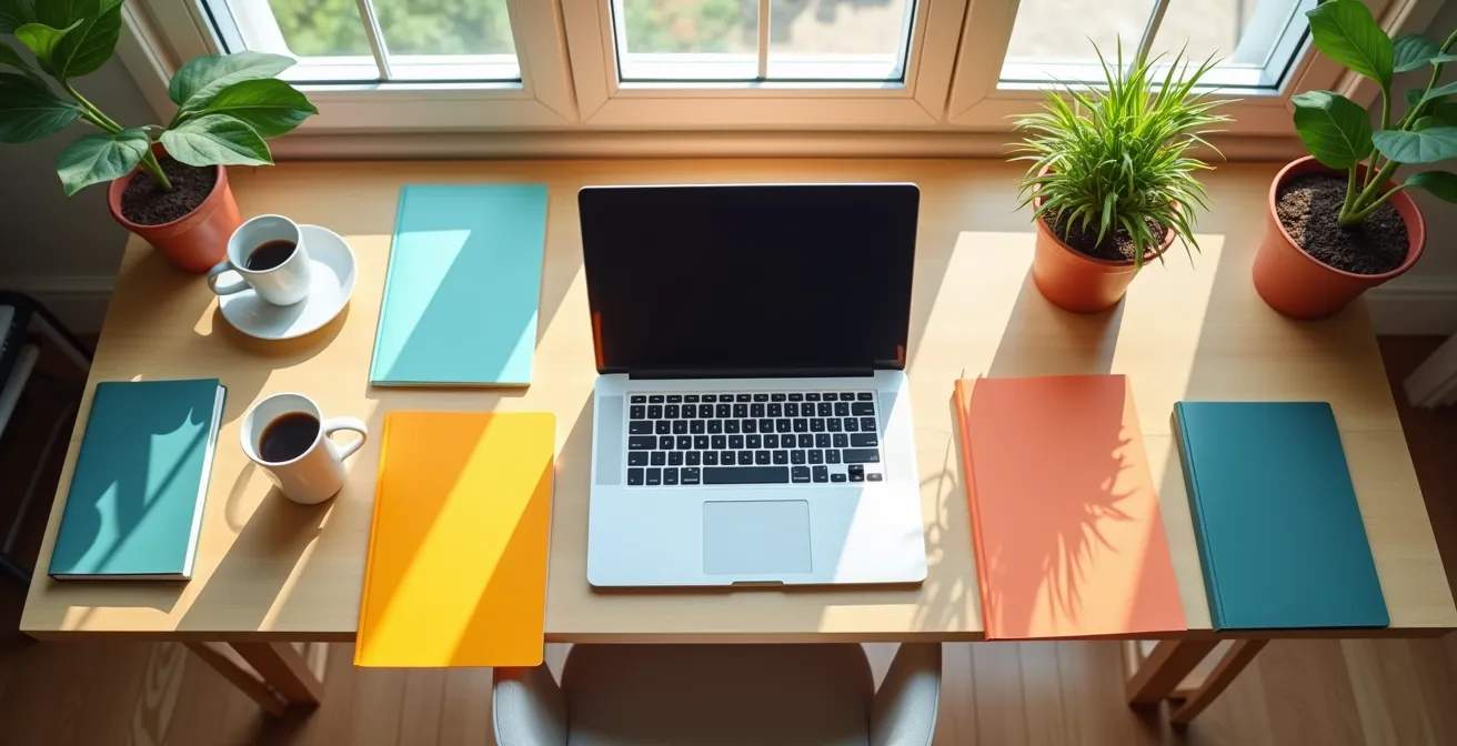 Bureau organisé d'un travailleur autonome avec dossiers financiers structurés