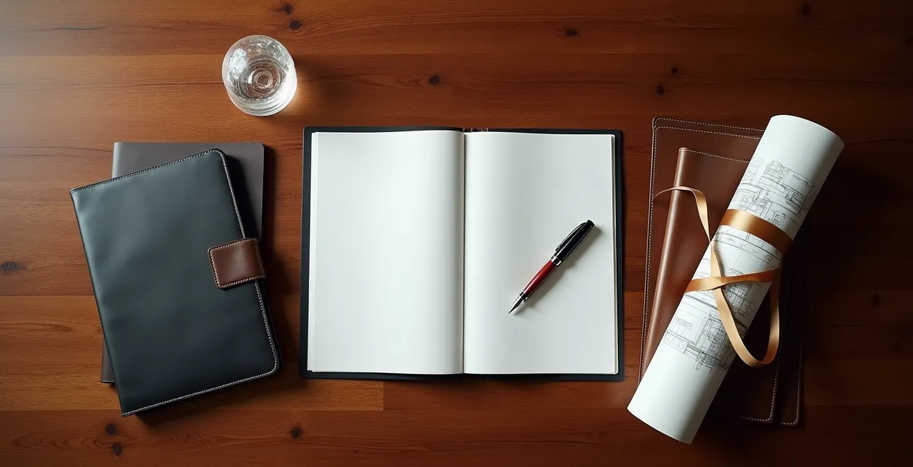 Vue plongeante sur un bureau en acajou avec documents de transaction immobilière élégamment disposés