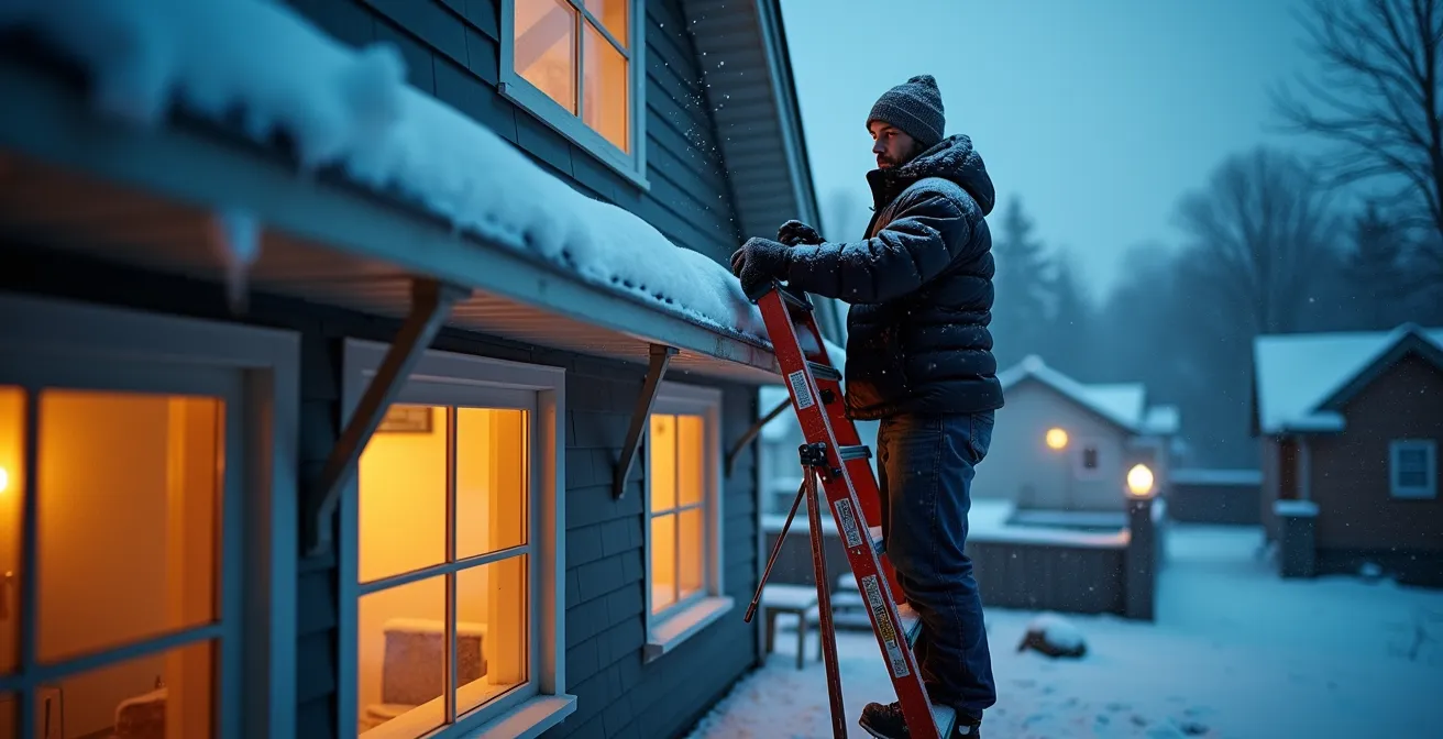 Propriétaire déneigeant le toit de sa maison unifamiliale en hiver au Québec