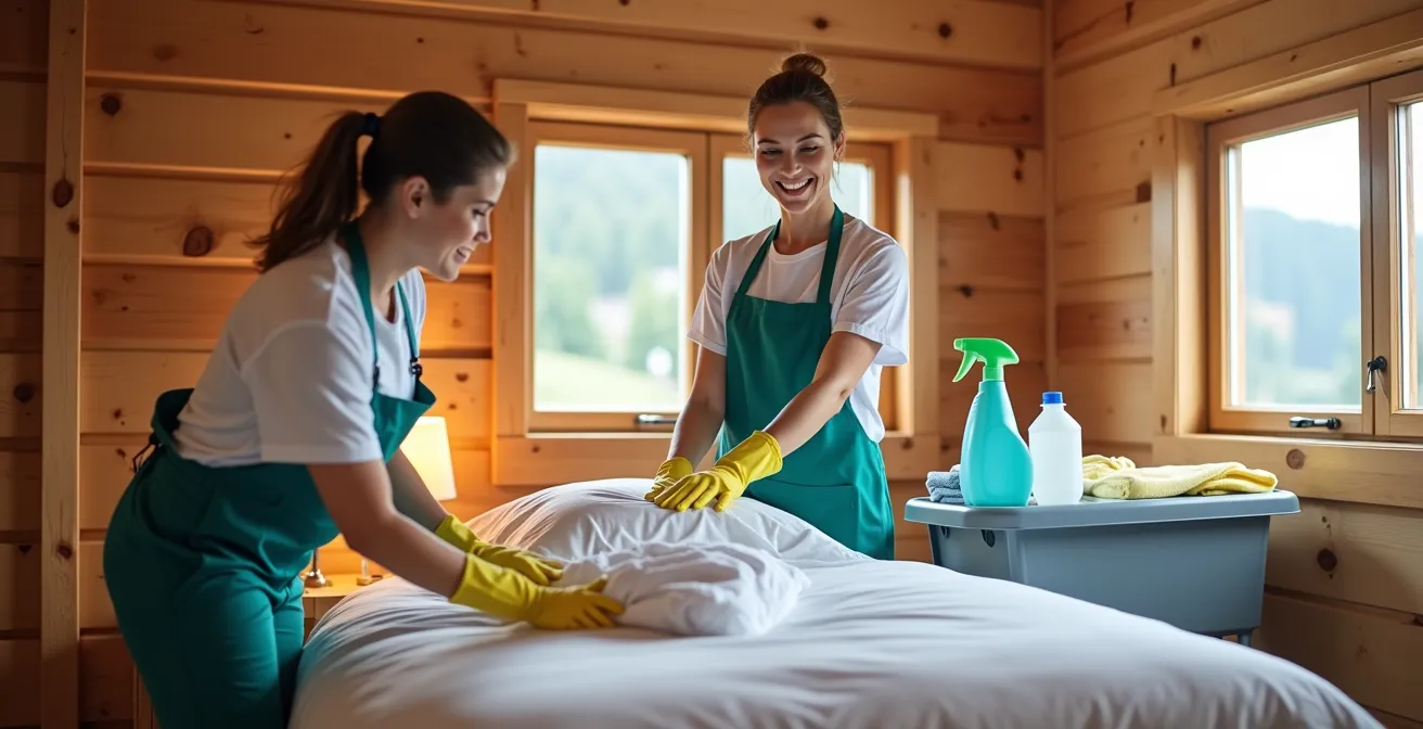Équipe de ménage professionnelle préparant un chalet avec équipement de nettoyage haut de gamme