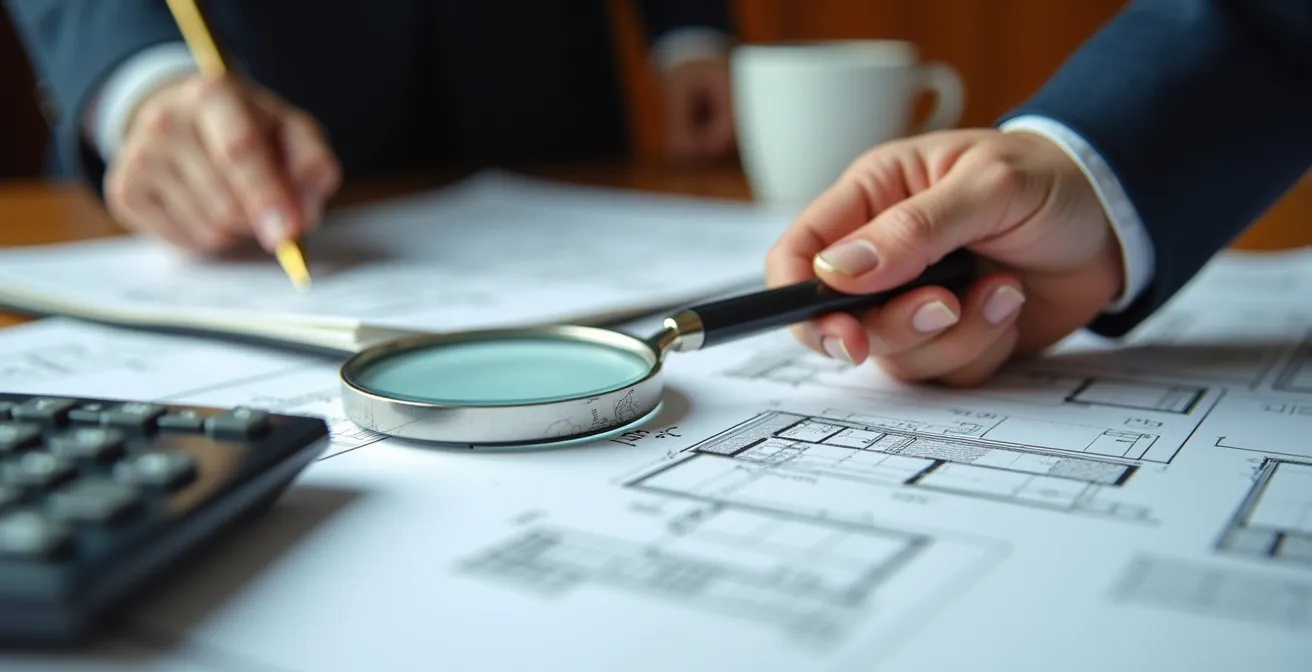 Évaluateur immobilier agréé analysant des documents dans un bureau professionnel québécois