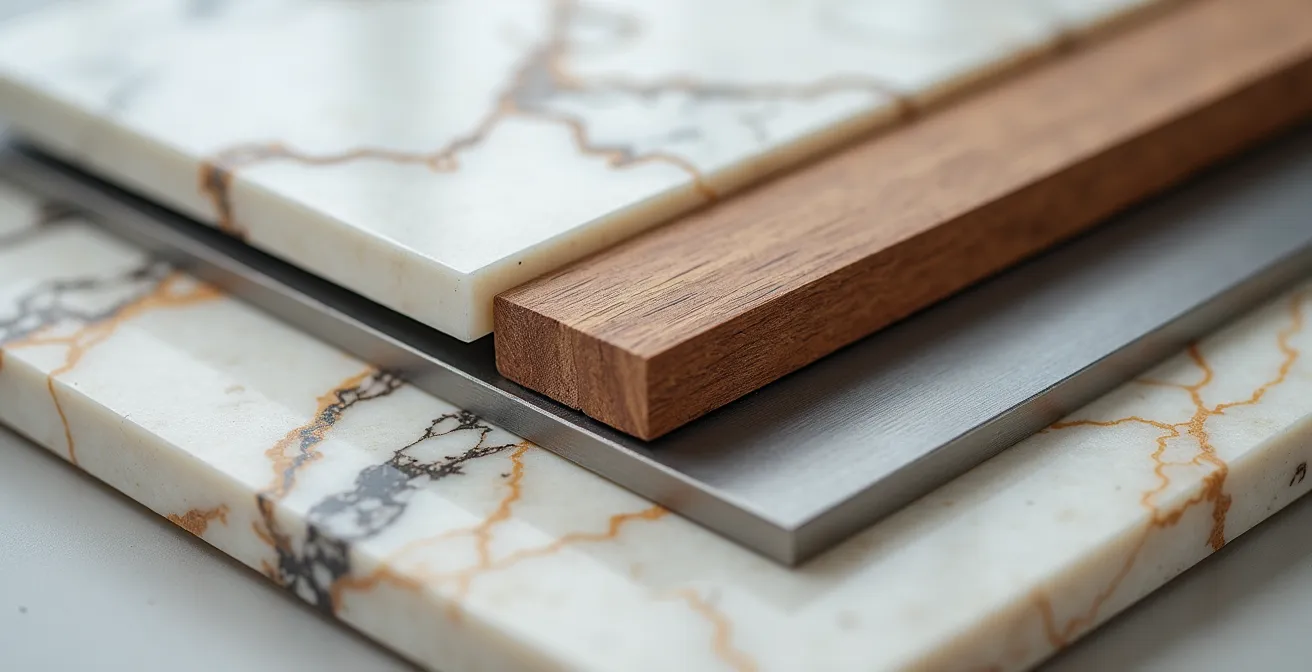 Gros plan sur des matériaux de construction haut de gamme incluant marbre italien, bois exotique et acier architectural