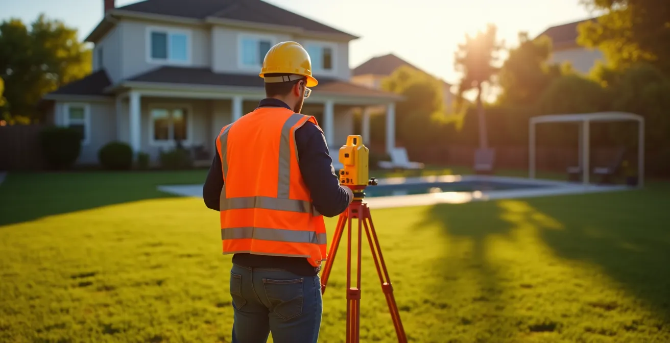 Arpenteur-géomètre utilisant un équipement GPS moderne sur un terrain résidentiel