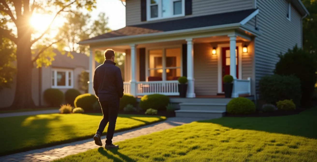 Façade d'une maison québécoise parfaitement préparée pour les visites avec aménagement paysager soigné