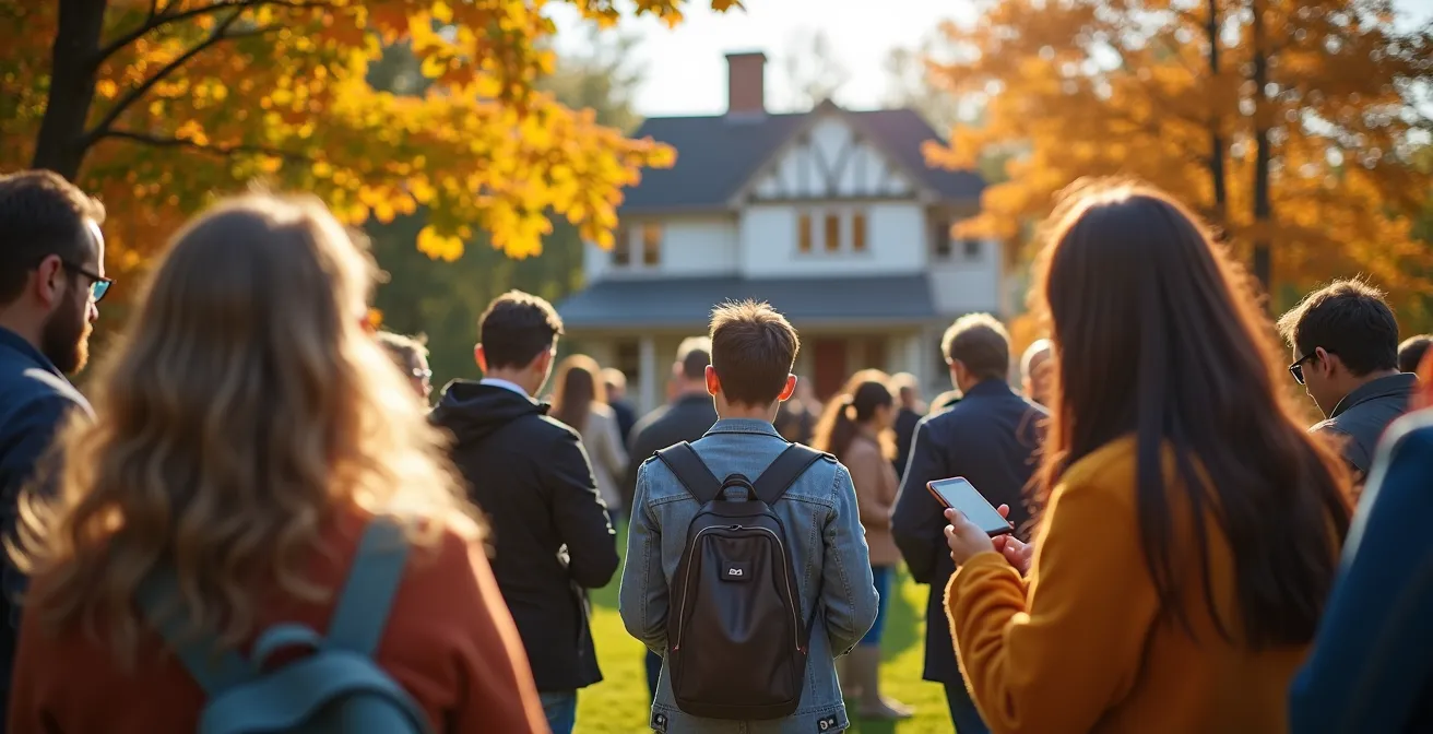 Groupe d'acheteurs potentiels attendant devant une propriété lors d'un weekend de visites