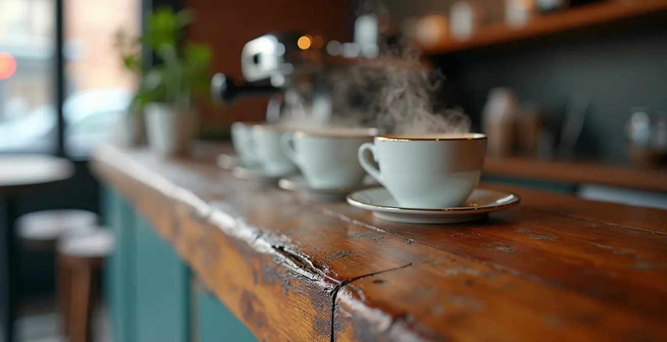 Vue macro sur la texture d'une devanture de café artisanal montréalais avec détails architecturaux