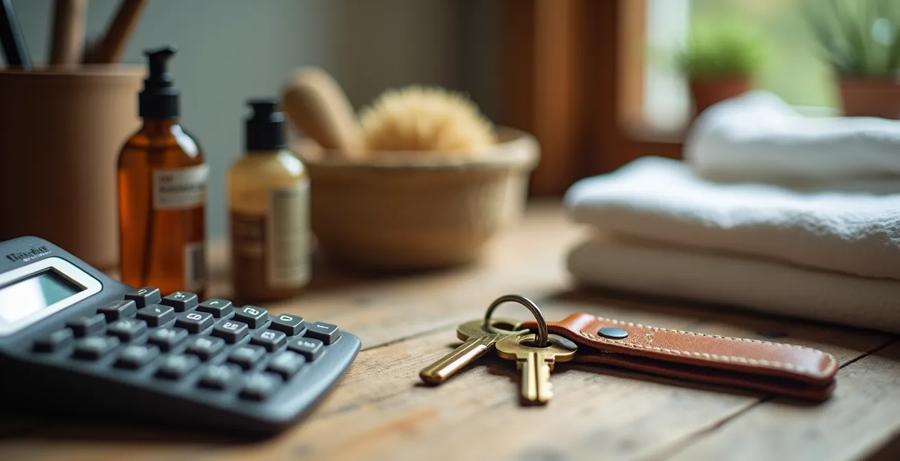 Propriétaire gérant plusieurs aspects d'un chalet locatif avec ordinateur, clés et fournitures de ménage