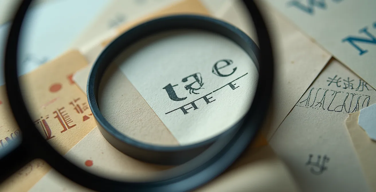 Loupe grossissant des patterns abstraits sur un document, révélant des détails cachés de texture