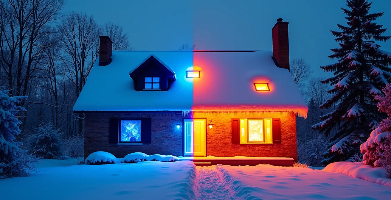Vue thermographique révélant les pertes de chaleur d'une maison québécoise en hiver