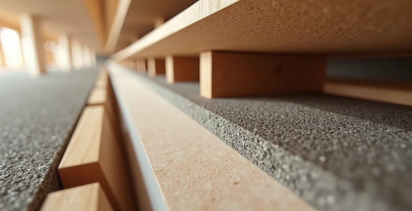 Vue détaillée de l'installation de barres résilientes et panneaux acoustiques sur un plafond