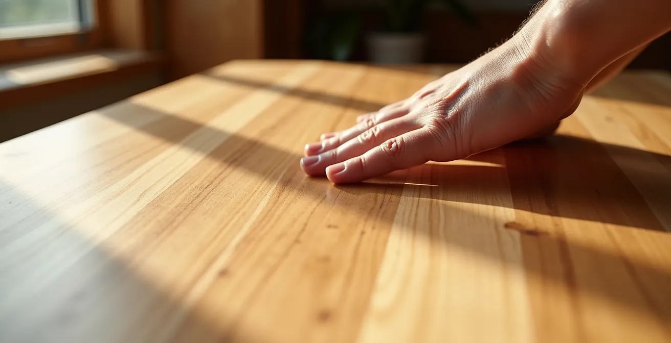Salon de chalet avec mobilier robuste en bois massif et tissus lavables dans une ambiance chaleureuse