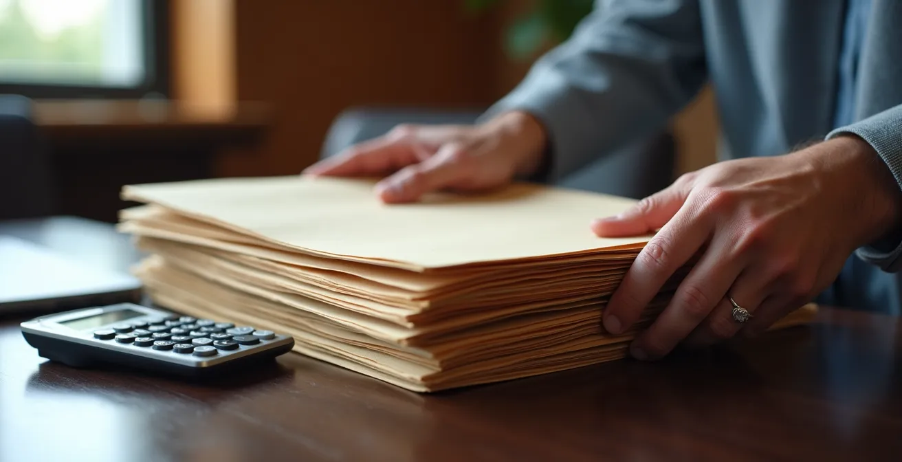 Mains tenant des documents de copropriété avec calculatrice sur bureau