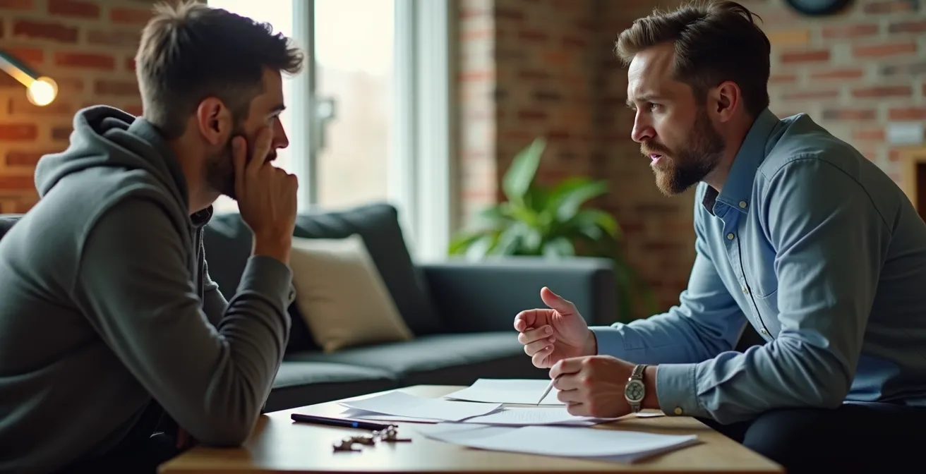 Deux personnes face à face dans un salon québécois discutant avec tension palpable