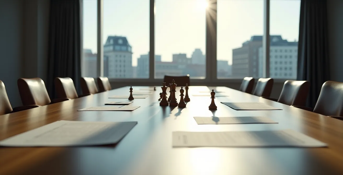 Échiquier symbolisant les stratégies de négociation immobilière avec pièces d'échecs et documents