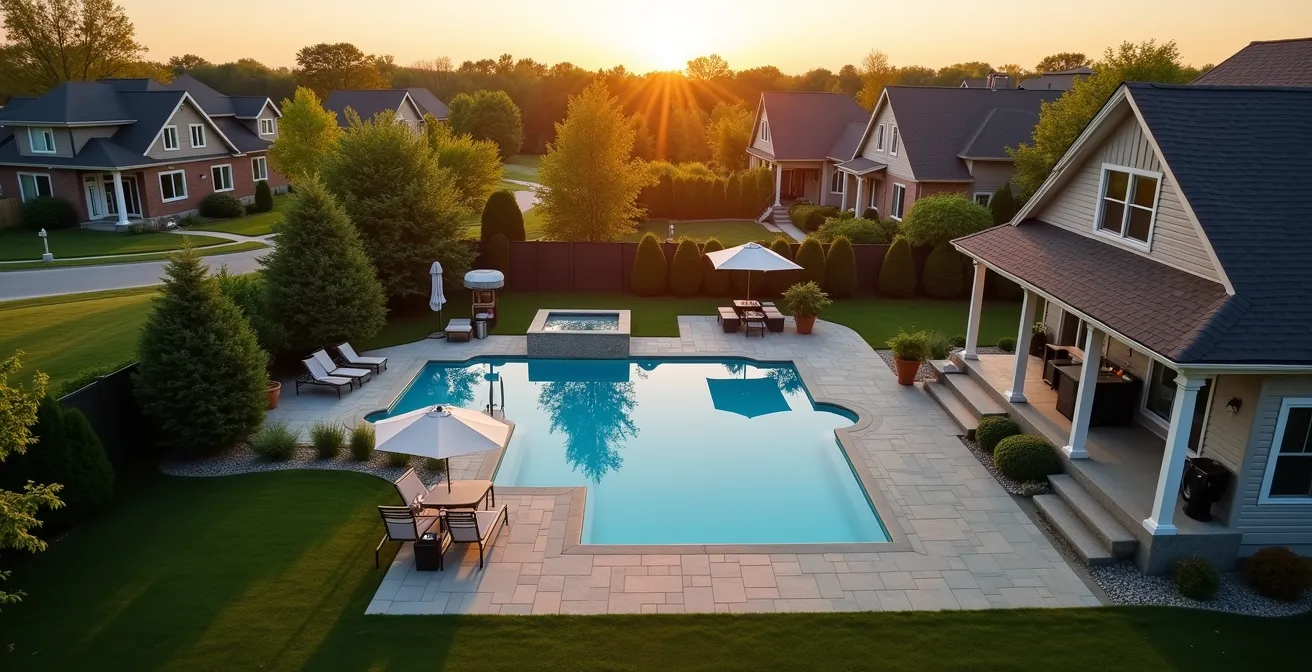 Vue aérienne d'une maison avec piscine creusée en banlieue québécoise montrant l'impact sur la valeur