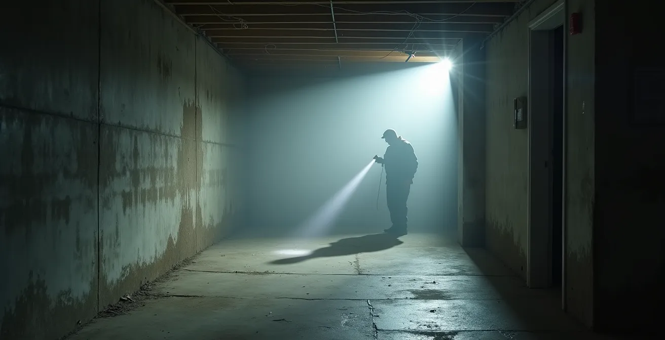 Inspection d'une fissure de fondation avec traces d'infiltration d'eau