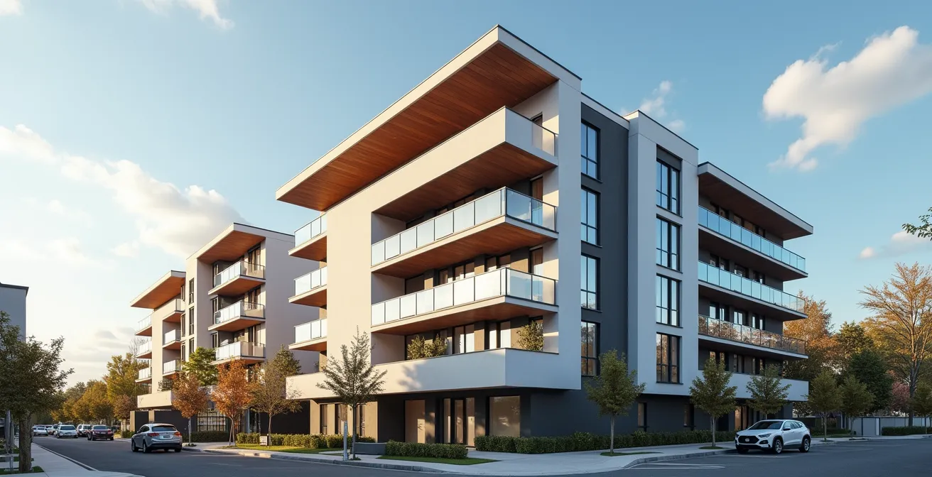 Vue d'ensemble d'un immeuble résidentiel québécois moderne avec balcons et espaces communs bien entretenus