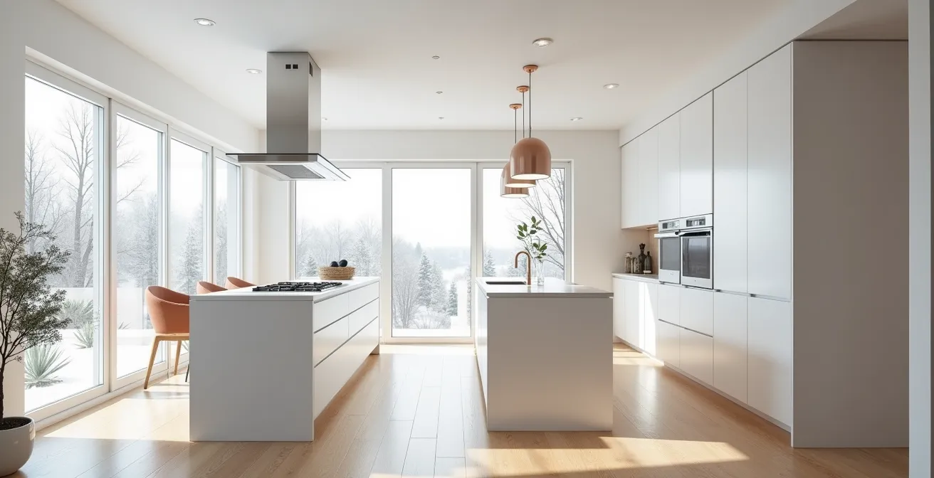 Cuisine moderne québécoise avec îlot central et armoires blanches, vue grand angle