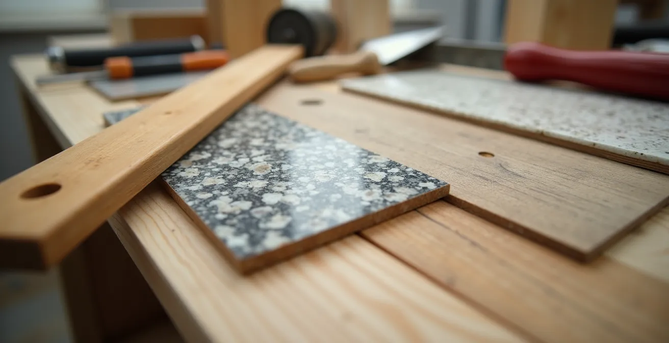 Cuisine en cours de rénovation majeure dans un appartement québécois avec nouveaux comptoirs et armoires