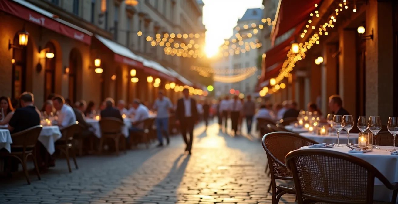 Terrasse de restaurant animée dans le Vieux-Montréal en été avec flux de clients