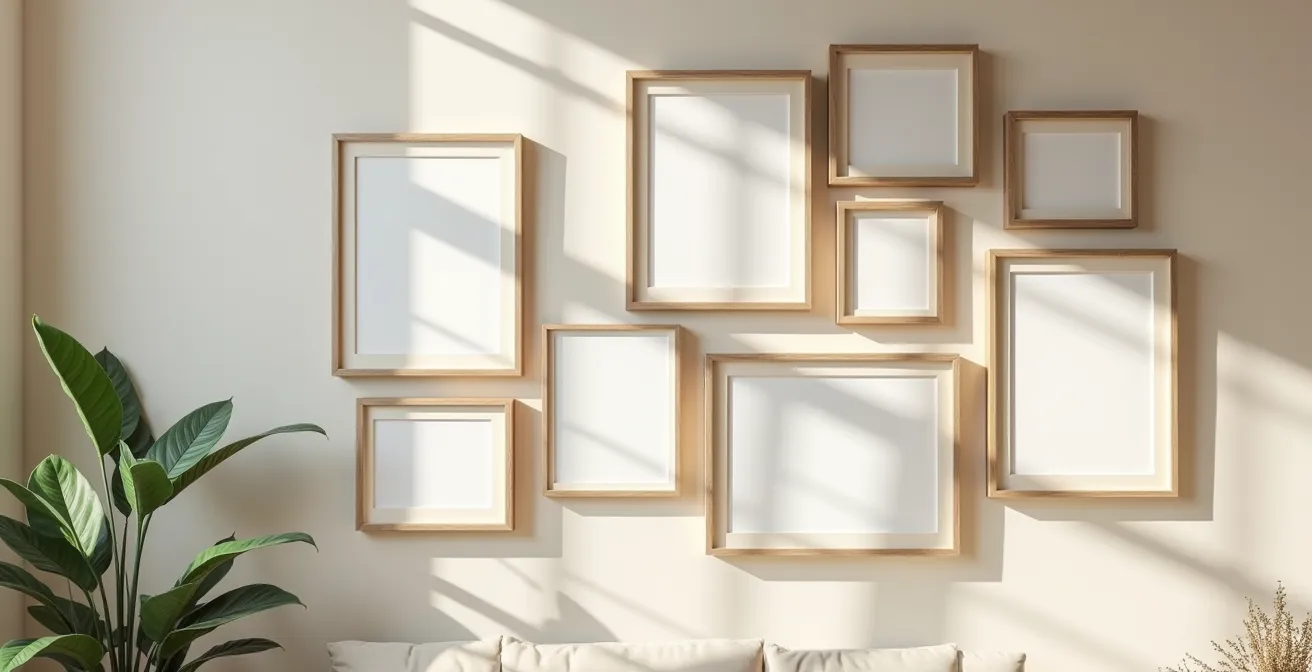 Salon dépersonnalisé avec murs neutres sans photos de famille, prêt pour les visites