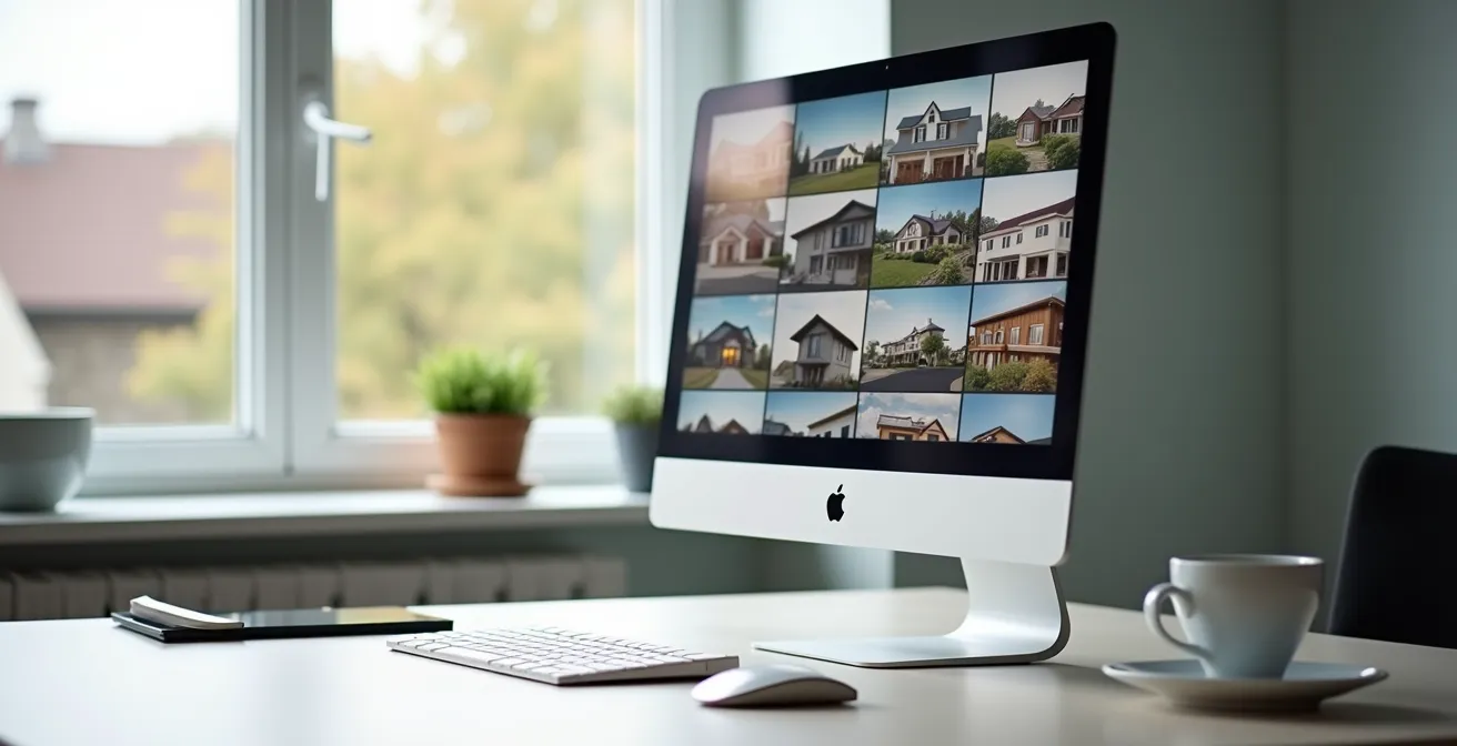 Écran d'ordinateur montrant une galerie de photos immobilières organisée stratégiquement