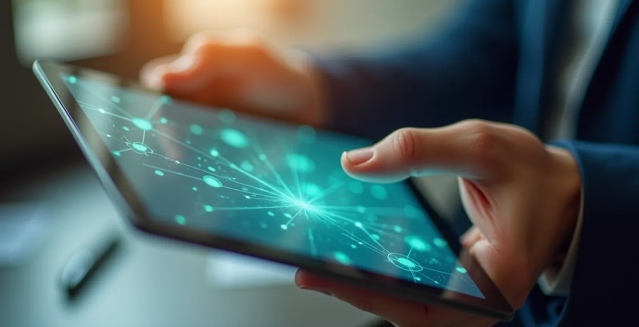 Mains tenant une tablette montrant un processus de signature électronique sécurisé avec certificat numérique