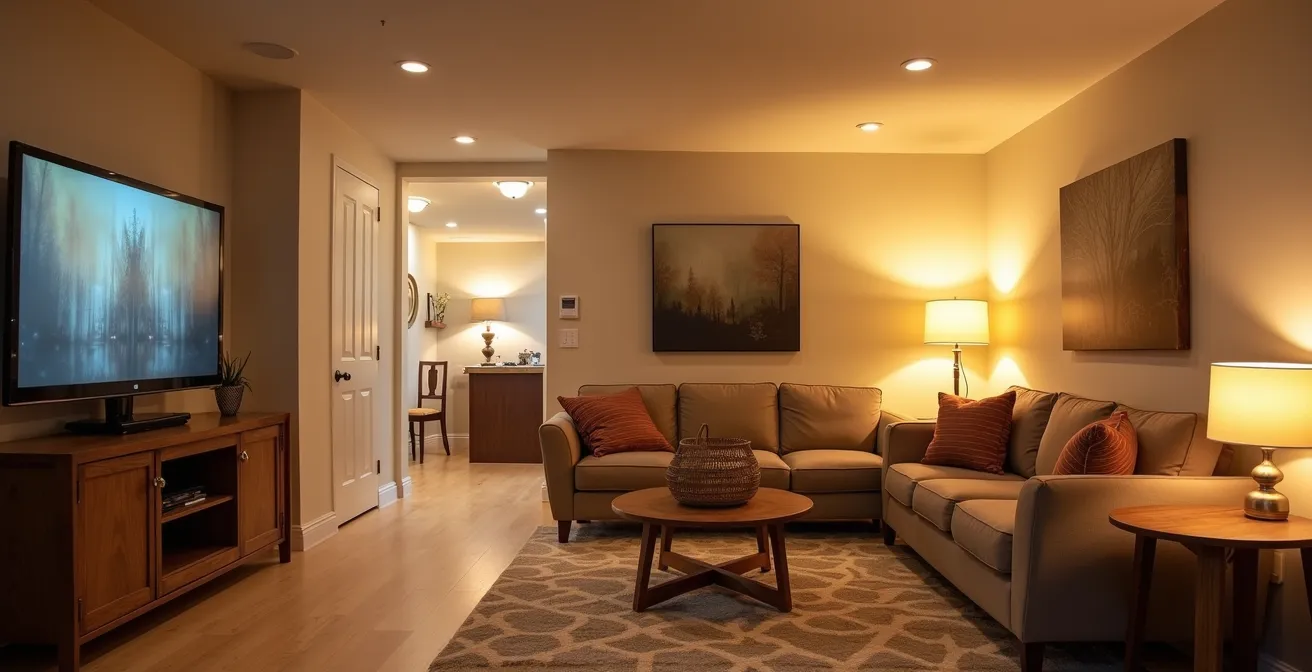 Sous-sol québécois transformé avec éclairage stratifié créant un espace de vie chaleureux