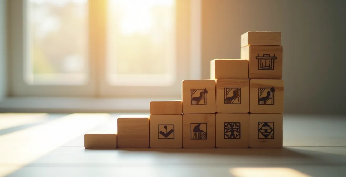 Graphique conceptuel montrant les paliers de prix sur Centris, illustrés par des blocs de bois formant un escalier descendant.