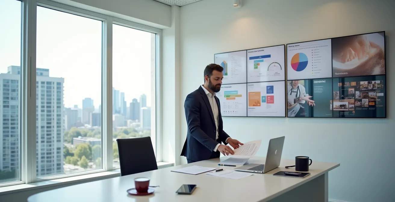 Courtier immobilier travaillant sur une stratégie marketing multi-canal dans un bureau moderne