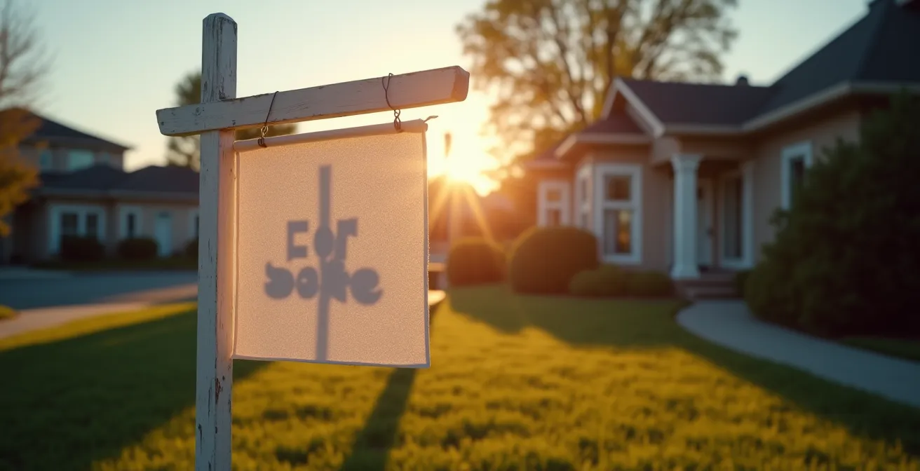 Vue aérienne d'un quartier résidentiel québécois montrant plusieurs pancartes à vendre, certaines recouvertes symboliquement