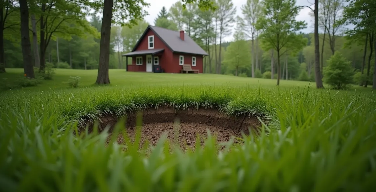 Vue en coupe d'un système septique moderne Écoflo avec champ d'épuration dans un terrain boisé québécois
