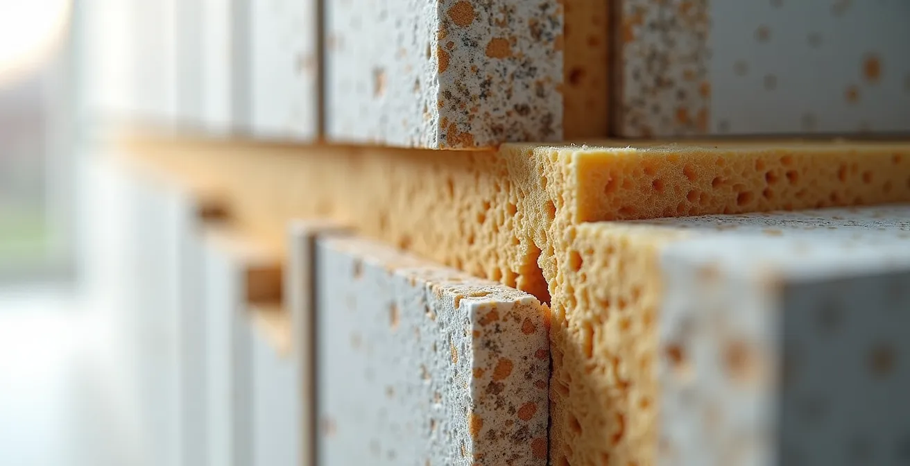 Coupe transversale d'un mur mitoyen montrant les couches d'isolation acoustique