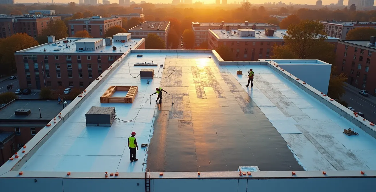 Vue aérienne d'une toiture commerciale en cours de réfection avec ouvriers et matériaux