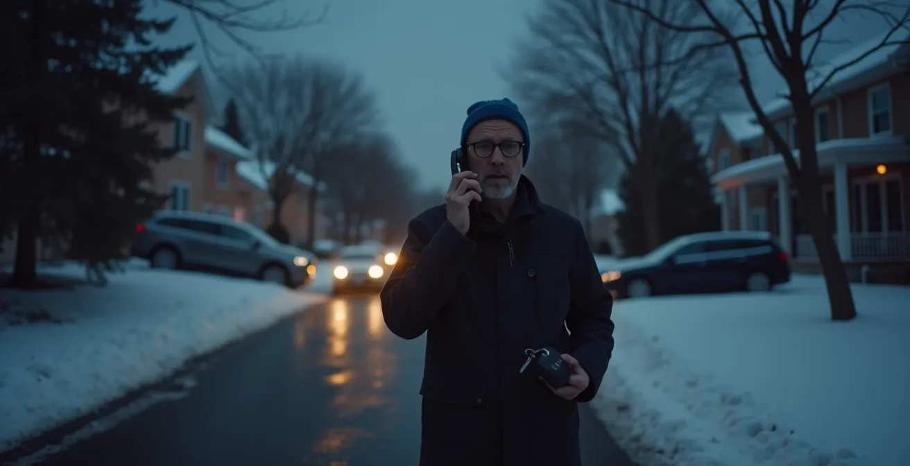 Propriétaire épuisé jonglant entre téléphone et clés devant sa maison en soirée hivernale