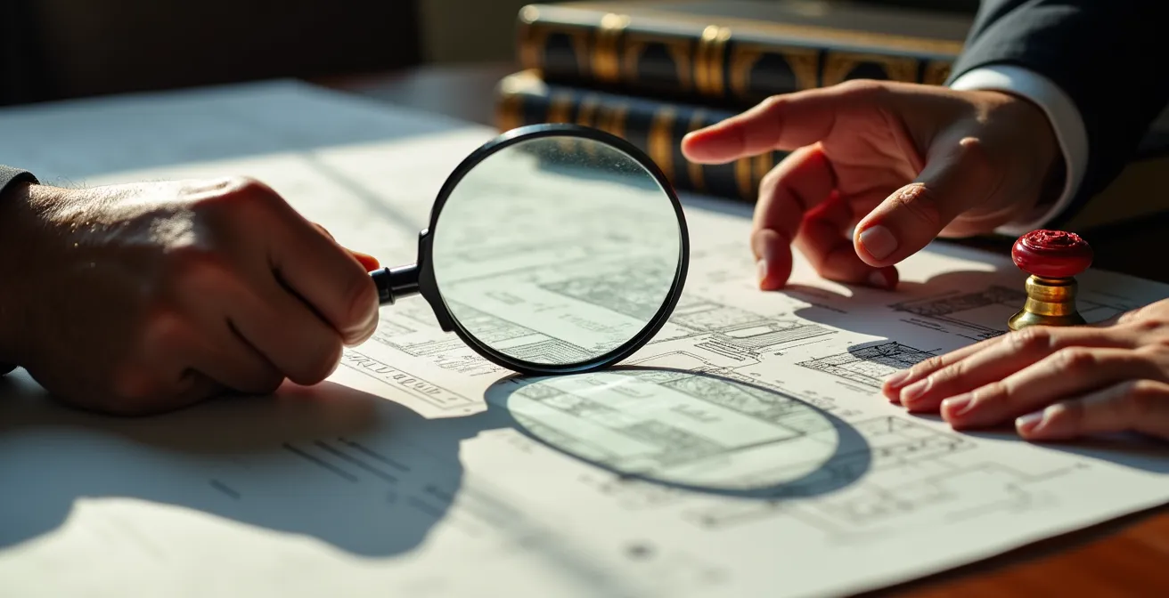 Mains examinant des documents immobiliers avec loupe sur bureau professionnel