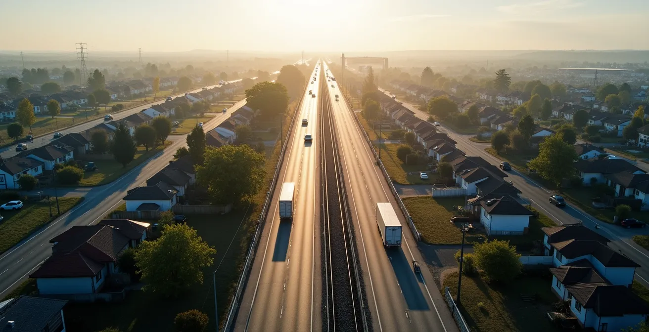 Vue aérienne montrant la proximité d'une autoroute et d'une voie ferrée près d'un quartier résidentiel
