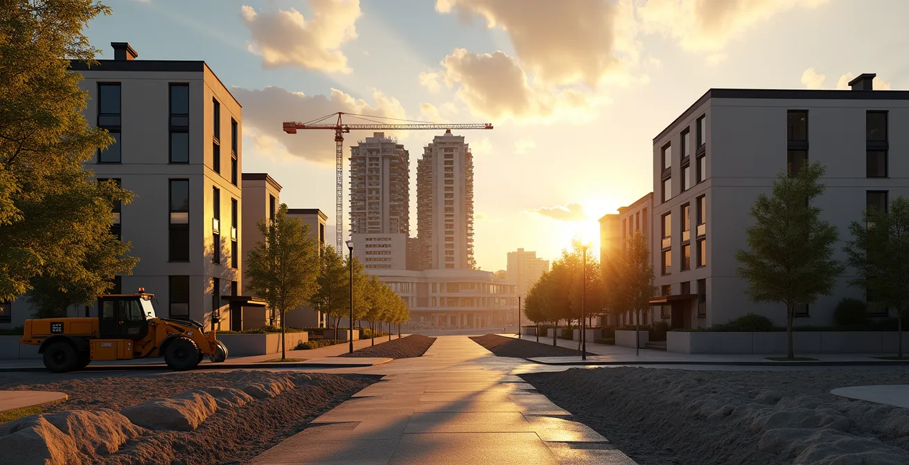 Vue conceptuelle d'un développement résidentiel moderne près d'une future station de transport en commun